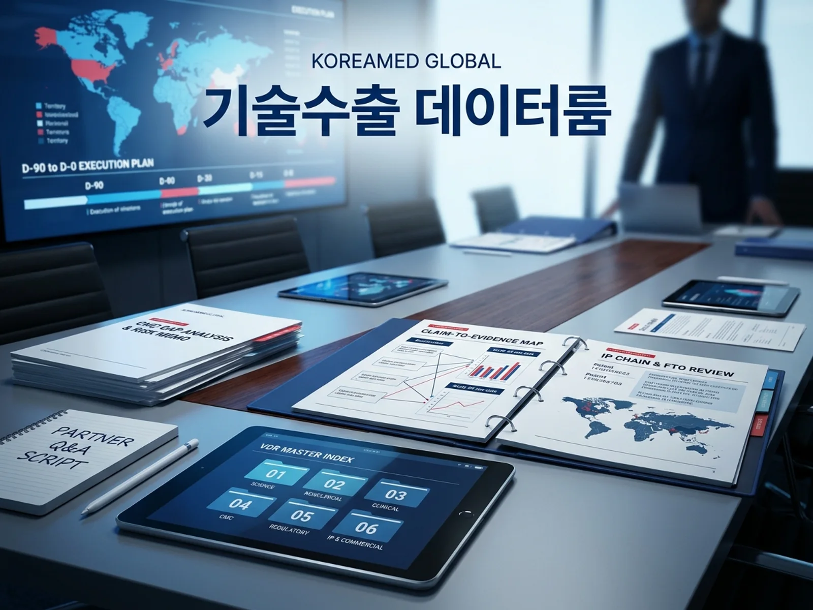 기술수출 데이터룸과 글로벌 파트너 실사 준비를 표현한 썸네일