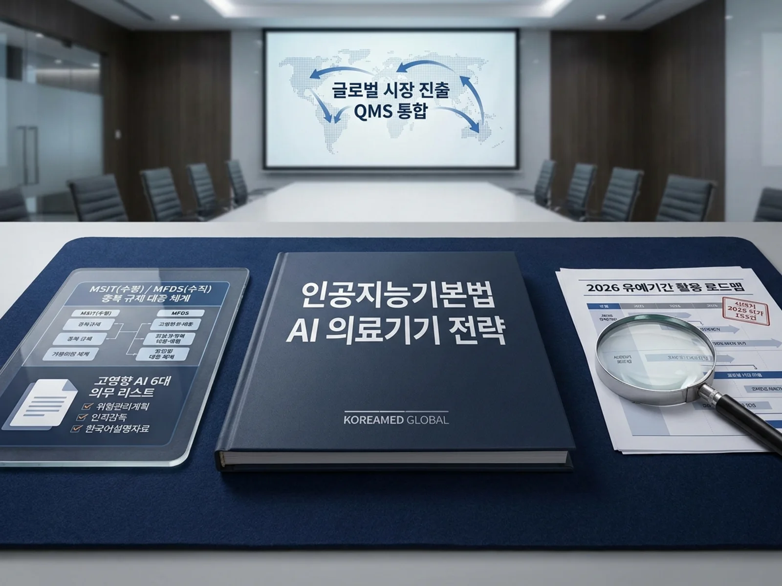 한국 인공지능기본법(2026년 1월 22일 시행) 고영향 AI 의료기기 6대 의무와 MSIT·식약처 DMPA 이중 컴플라이언스·유예기간을 정리한 KoreaMED Global 썸네일