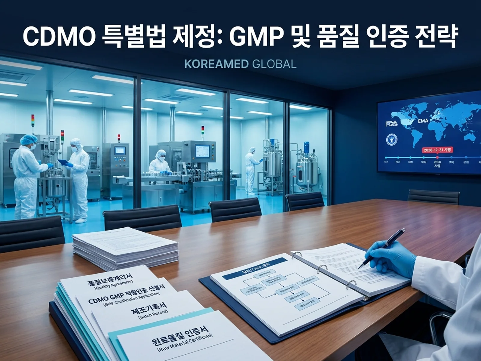 바이오의약품 CDMO 규제지원 특별법(법률 제21297호)의 수출전용 제조업 등록과 GMP 적합인증을 표현한 KoreaMED Global 썸네일