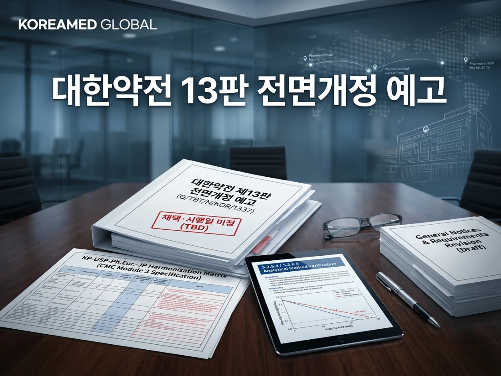 대한약전 13판 전면개정(KOR/1337)과 글로벌 약전(USP·PhEur·JP) 조화, CTD 모듈3 규격 정합성을 표현한 KoreaMED Global 썸네일
