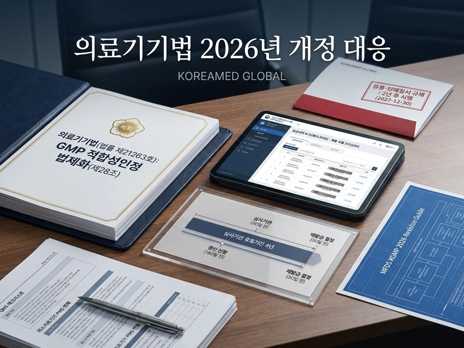 의료기기법 개정(제21263호) GMP 적합성인정 법제화와 심사기관 4년 갱신, UDI 공급내역 보고 의무화를 표현한 KoreaMED Global 썸네일