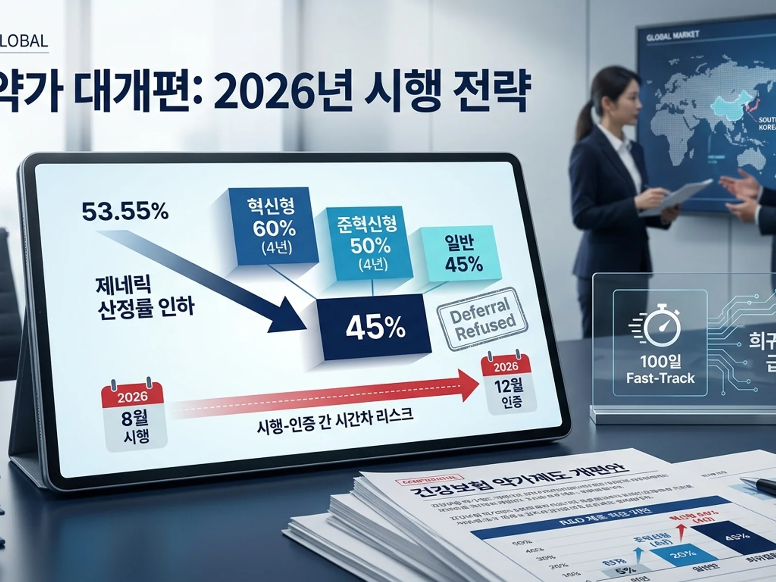 한국 보건복지부 약가 대개편(2026년 8월 시행): 제네릭 53.55%→45% 인하·혁신형 60%·준혁신형 50% 차등 가산·8월 인하 vs 12월 인증 시간차 리스크를 표현한 KoreaMED Global 썸네일
