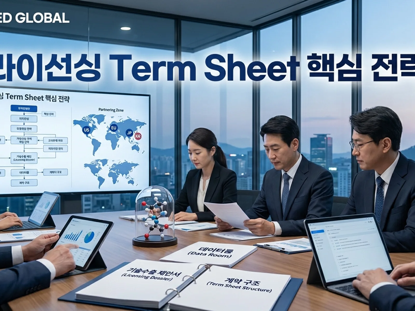 기술수출 데이터룸과 글로벌 파트너십 전략을 표현한 KoreaMED Global 썸네일