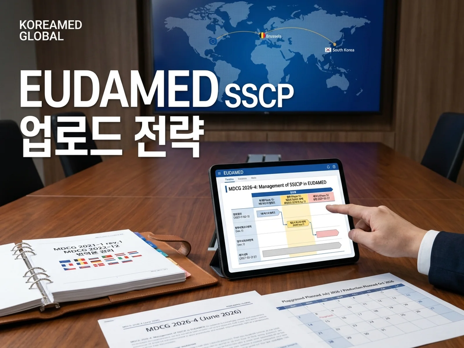 MDCG 2026-4(2026년 6월) 포지션페이퍼에 따른 EUDAMED SSCP·SSP 인증서 등록 시점 NB 마스터 업로드, 제조사 마스터+번역 이관 및 레거시 2027년 2월 27일 상한을 표현한 KoreaMED Global 썸네일