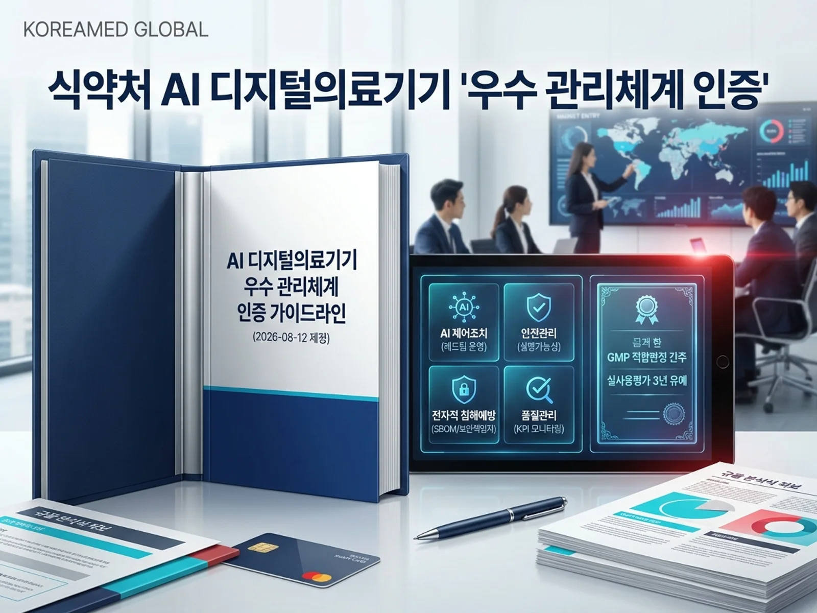 식약처 AI 디지털의료기기 우수 관리체계 인증 가이드라인(2026-08-12): GMP 적합판정 간주, 실사용평가 3년, 4대 심사 영역(AI 제어·안전·보안·품질)과 통과 전략을 표현한 KoreaMED Global 썸네일