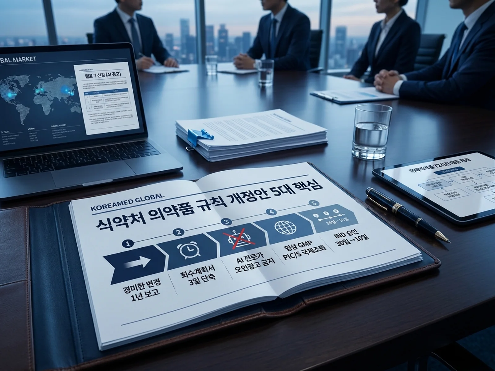 식약처 「의약품 등의 안전에 관한 규칙」 개정안(2026-08-21)의 경미한 변경 보고제 전환·회수계획서 3일 단축·AI 오인광고 금지 등 5대 핵심 항목을 표현한 KoreaMED Global 썸네일