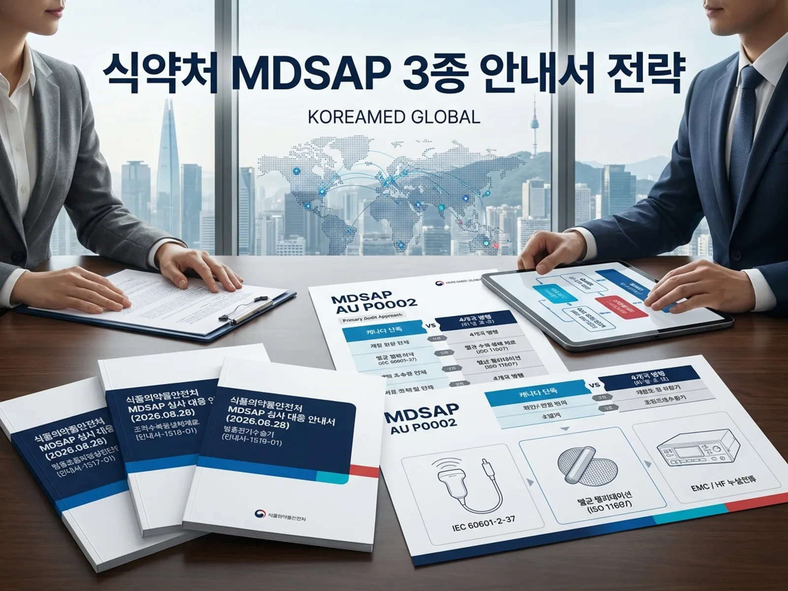 식약처 MDSAP 심사 대응 안내서 3종(2026-08-28, 범용초음파·조직수복용생체재료·범용전기수술기)의 캐나다 단독 vs 4개국 병행, 품목별 심사 항목 및 규정 인용 팩을 표현한 KoreaMED Global 썸네일
