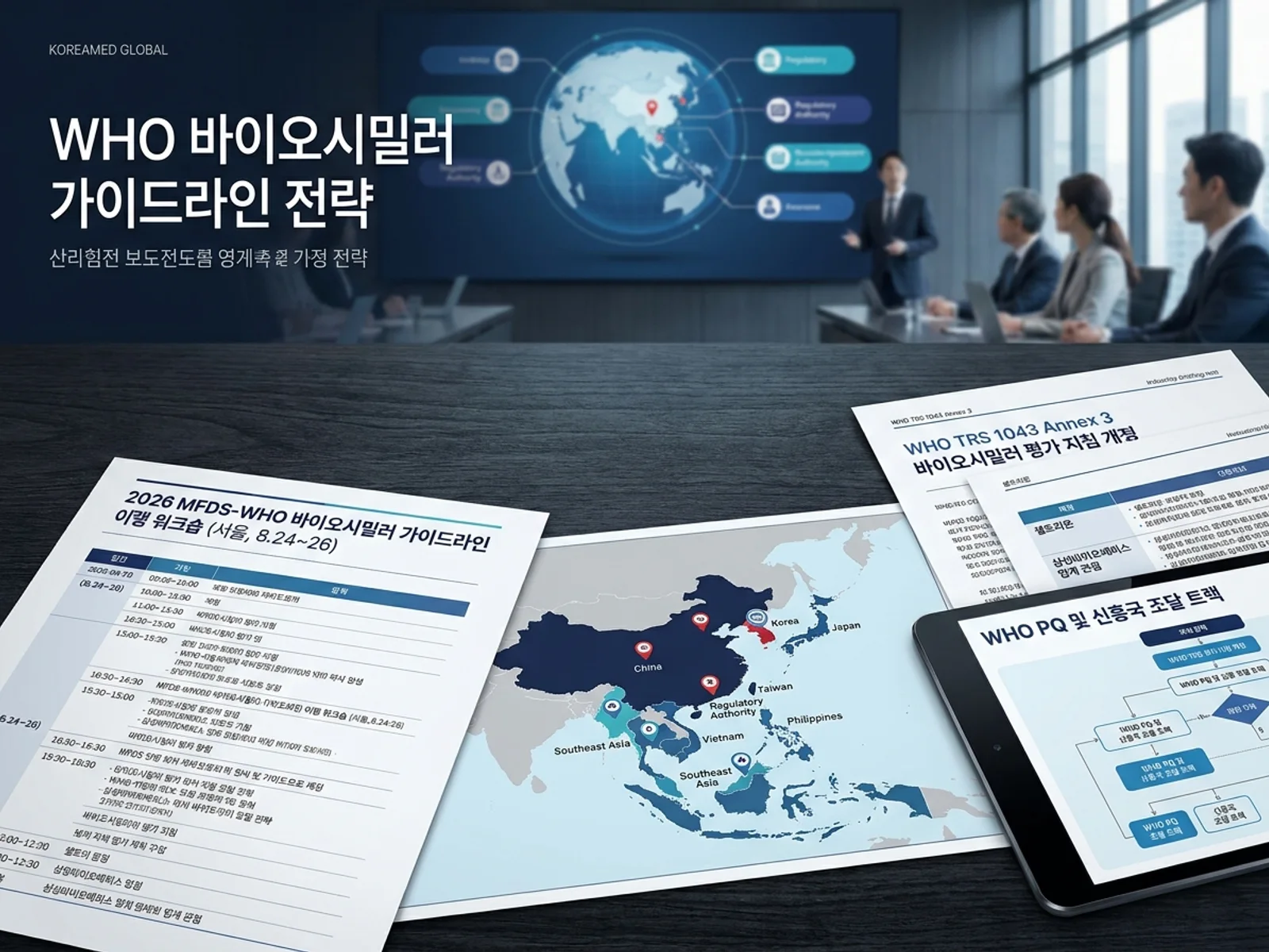 식약처-WHO 바이오시밀러 가이드라인 이행 워크숍(2026-08-24~26 서울)과 아시아·태평양 규제조화 및 한국 바이오시밀러의 WHO PQ·신흥국 진입 트랙을 표현한 KoreaMED Global 썸네일