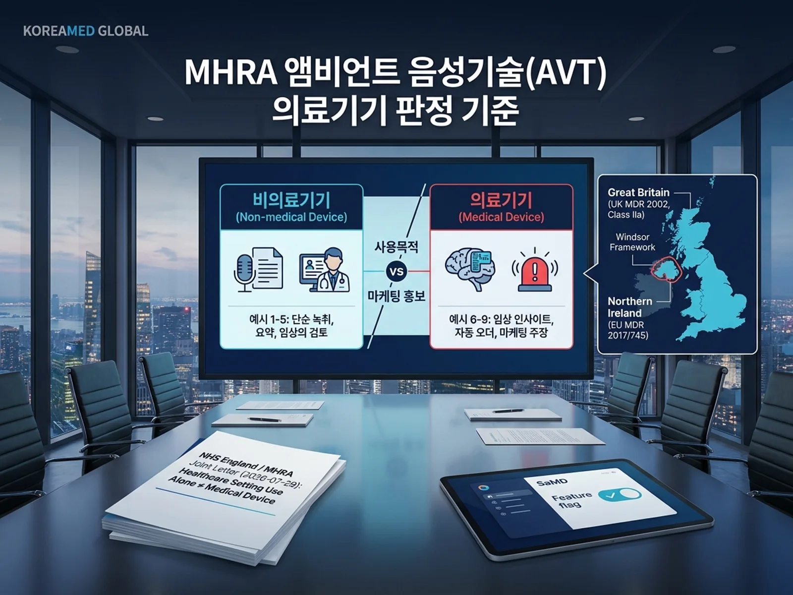 MHRA AVT(AI 서기) 의료기기 해당 여부 가이드(2026-07-29)의 GB 9개 예시 비교, 마케팅 홍보 문구 영향, 비진단 면책 한계 및 북아일랜드 EU MDR 분리를 표현한 KoreaMED Global 썸네일