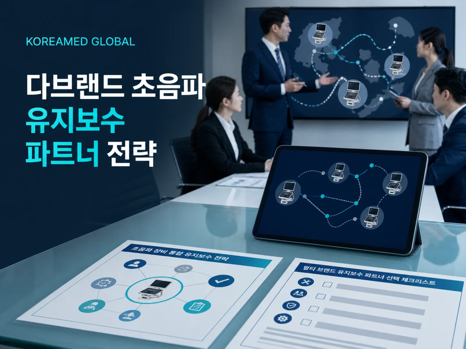 다브랜드 초음파 유지보수 파트너 선정을 위한 OEM·ISO·부품공급 경로 배분 매트릭스와 SLA/KPI 스코어카드·90일 파일럿 거버넌스를 표현한 KoreaMED Global 썸네일