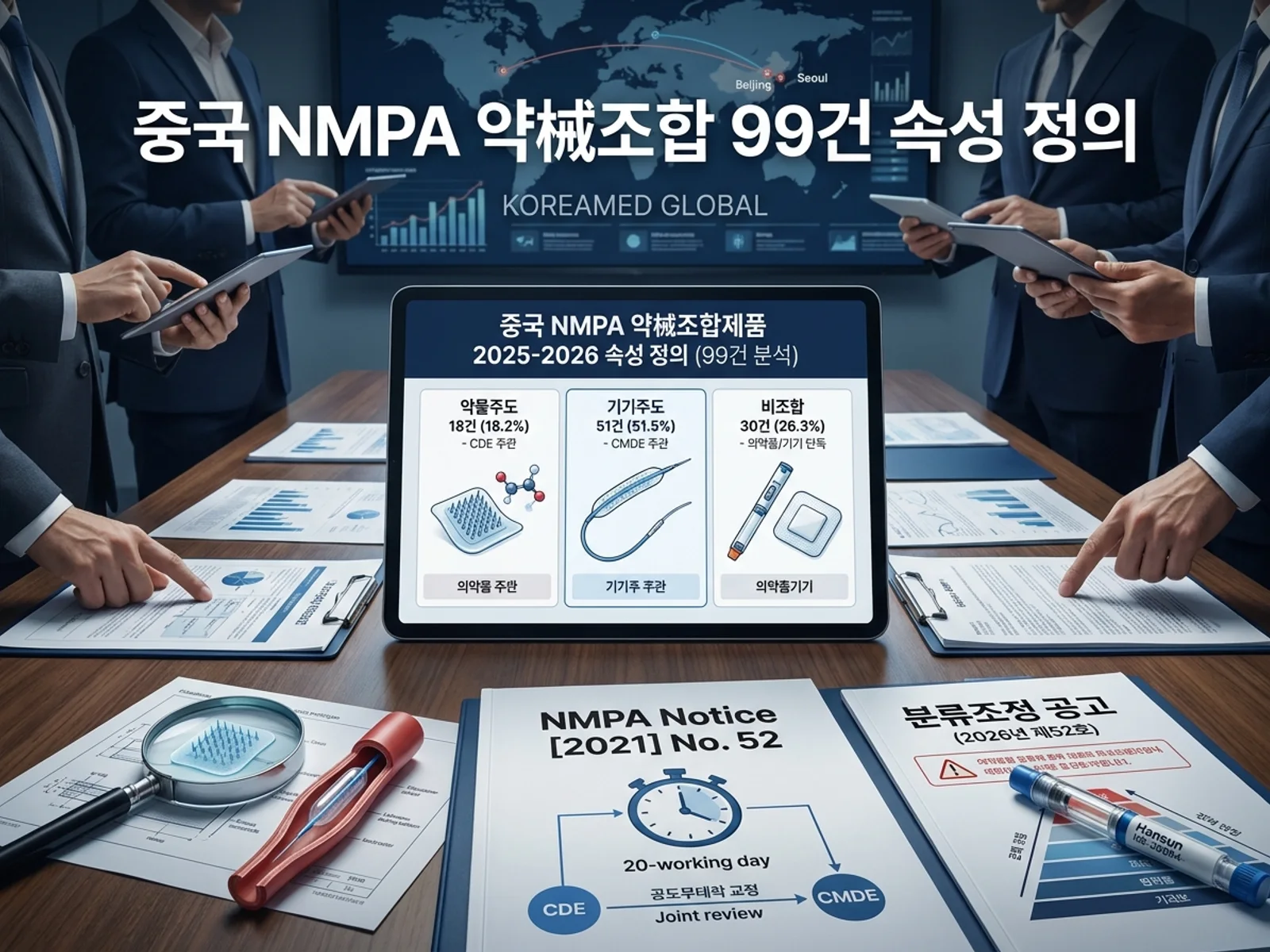 중국 NMPA/NIFDC 2025-2026 약械조합제품 속성 정의 99건 분석(약물주도 18·기기주도 51·비조합 30)과 통고 2021년 제52호 20근무일 속성 판정 및 한국 필러·마이크로니들·프리필펜 진출 전략을 표현한 썸네일