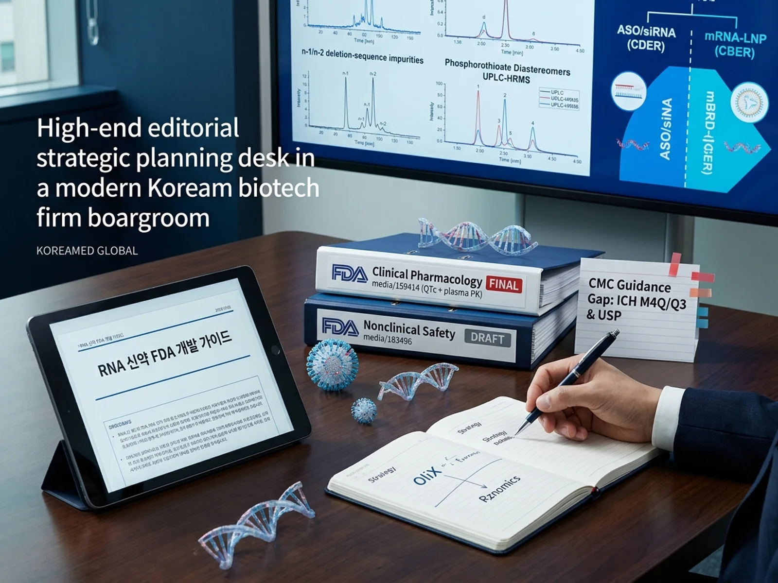 올리고뉴클레오타이드(ASO·siRNA)·mRNA FDA 개발 가이드: 임상약리(최종 media/159414, QTc·PK)·비임상안전성(초안 media/183496)·CMC 가이드 부재(ICH/USP)·올리고(CDER 505) vs mRNA-LNP(CBER) 분리·결함서열·입체이성질체 CMC 장벽을 표현한 KoreaMED Global 썸네일