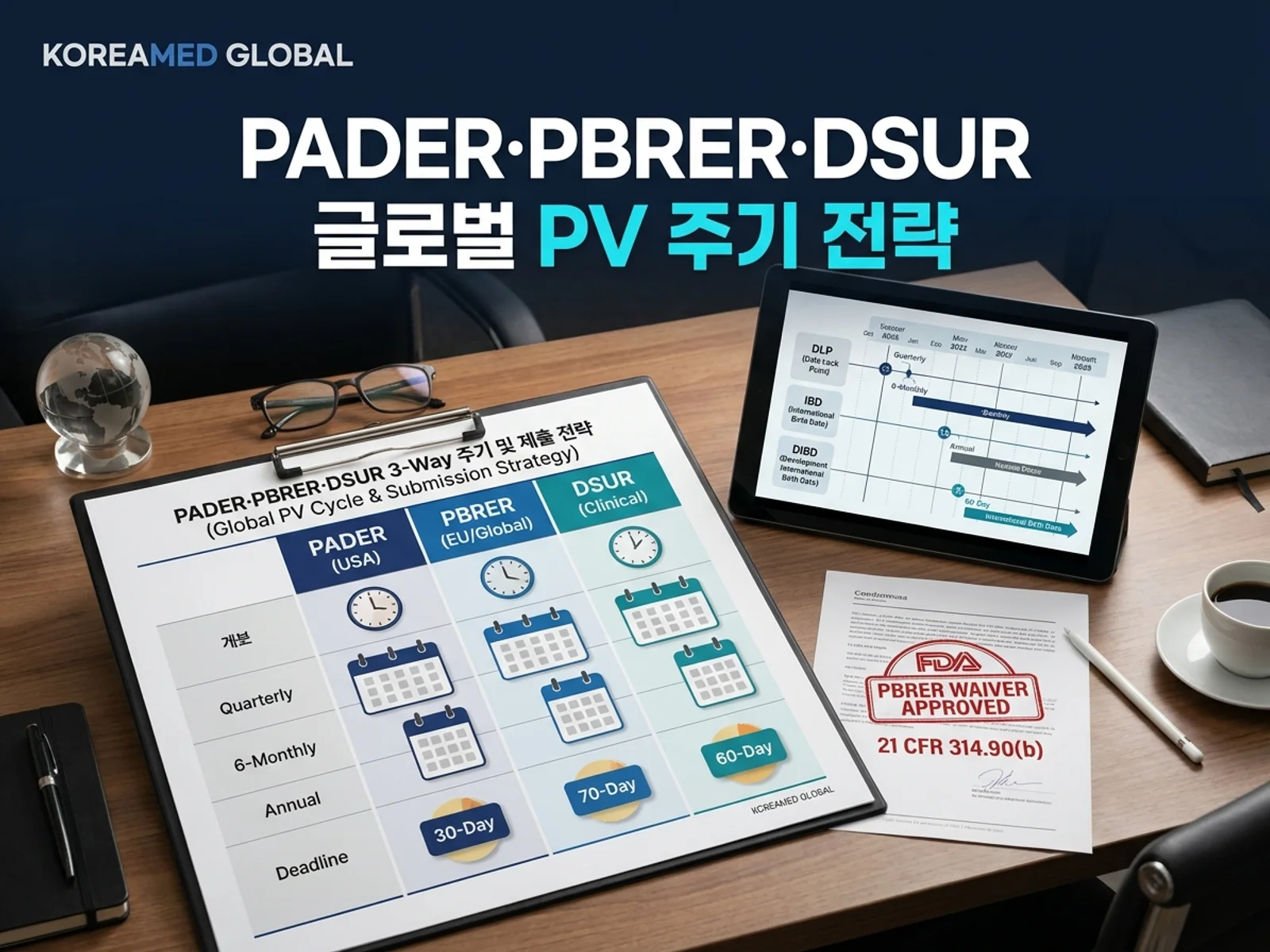 PADER·PBRER·DSUR 주기적 안전성보고 주기 매트릭스와 DLP 정렬 및 FDA PBRER 웨이버 전략을 다루는 KoreaMED Global 썸네일