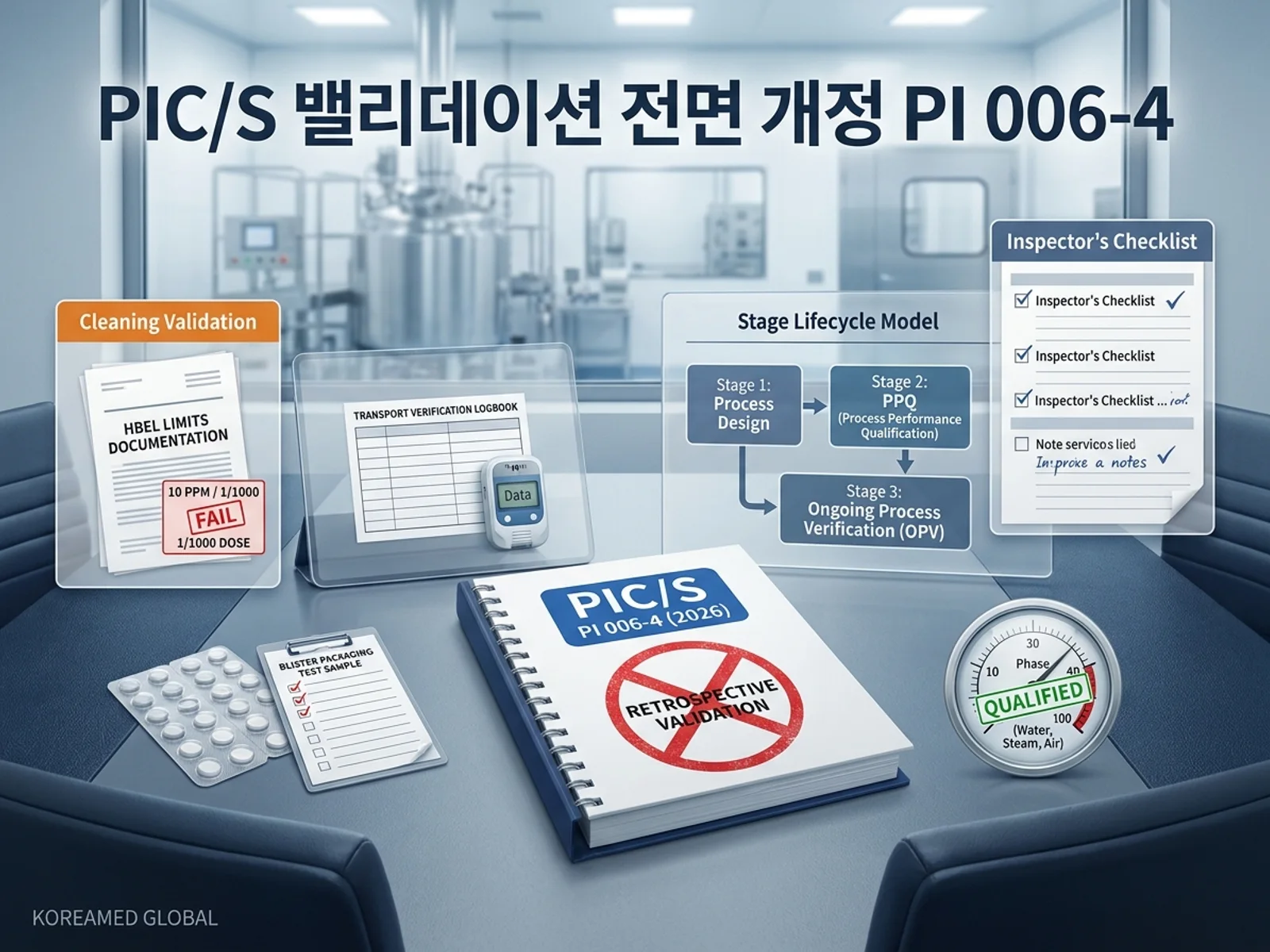 PIC/S PI 006-4 밸리데이션 가이드 전면 개정(2026년 10월 1일 발효): 회고적 밸리데이션 불인정, OPV 라이프사이클, 세척·수송·포장·유틸리티 점검을 표현한 KoreaMED Global 썸네일
