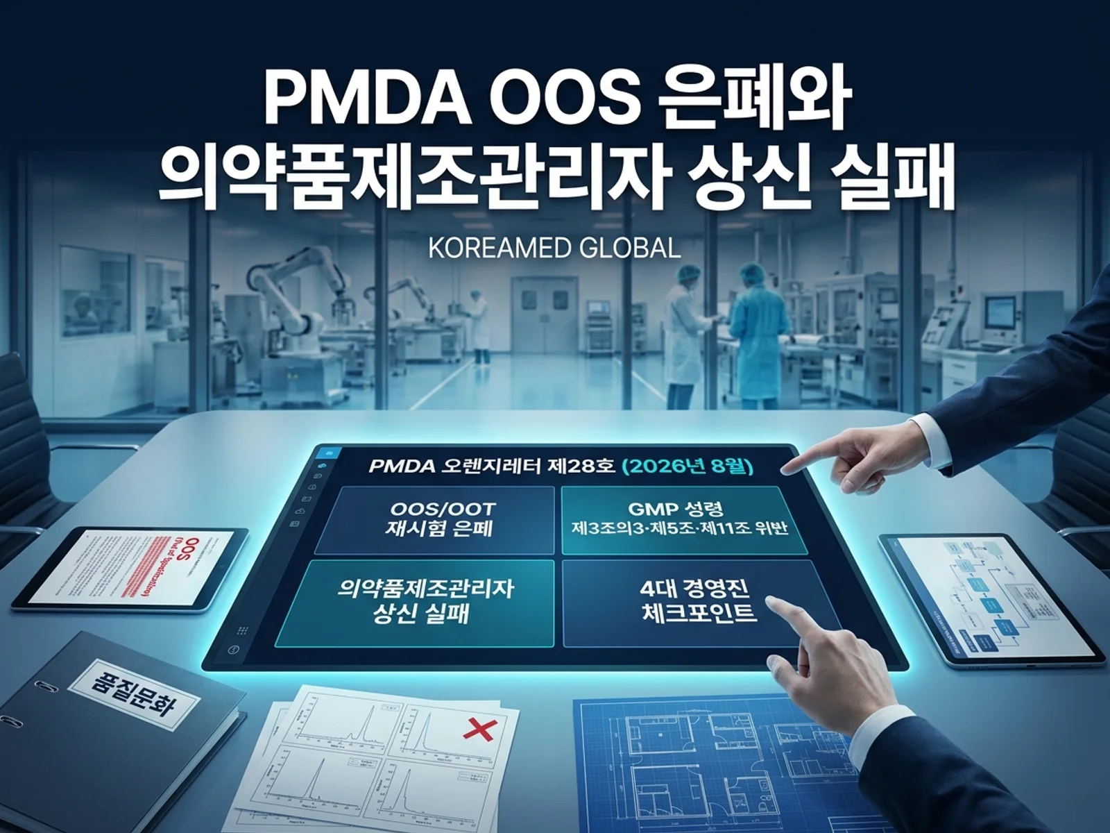 PMDA 오렌지레터 제28호(2026년 8월)의 OOS 반복 재시험 은폐 사례, 의약품제조관리자 상신 실패, GMP 성령 제3조의3·제5조·제11조 및 품질문화 점검 항목을 표현한 KoreaMED Global 썸네일
