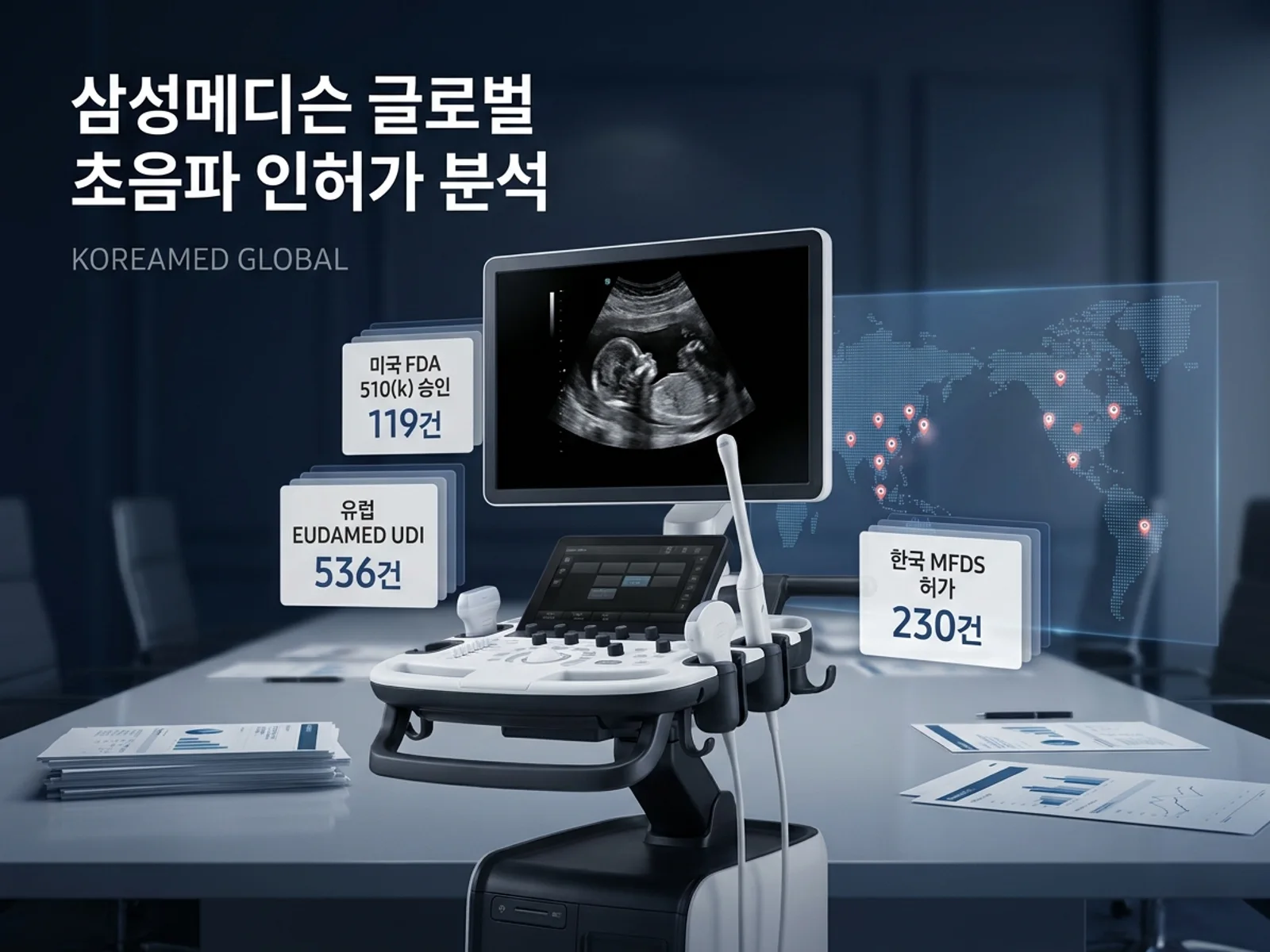 삼성메디슨의 FDA 510(k)·EUDAMED·MFDS 다국가 인허가 도씨어와 초음파 진단기기 글로벌 등록 현황을 분석한 KoreaMED Global 썸네일