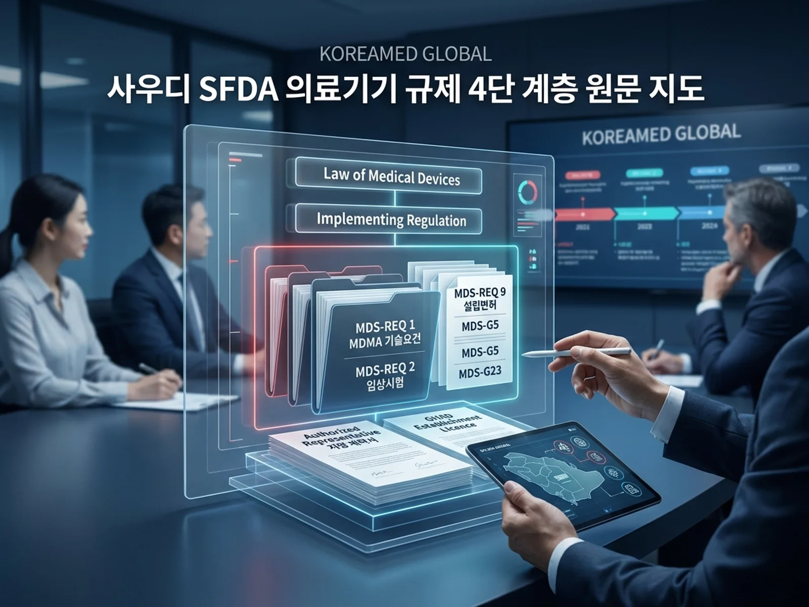 사우디 SFDA 의료기기 규제 원문 체계와 MDMA·설립면허 구조를 표현한 KoreaMED Global 썸네일
