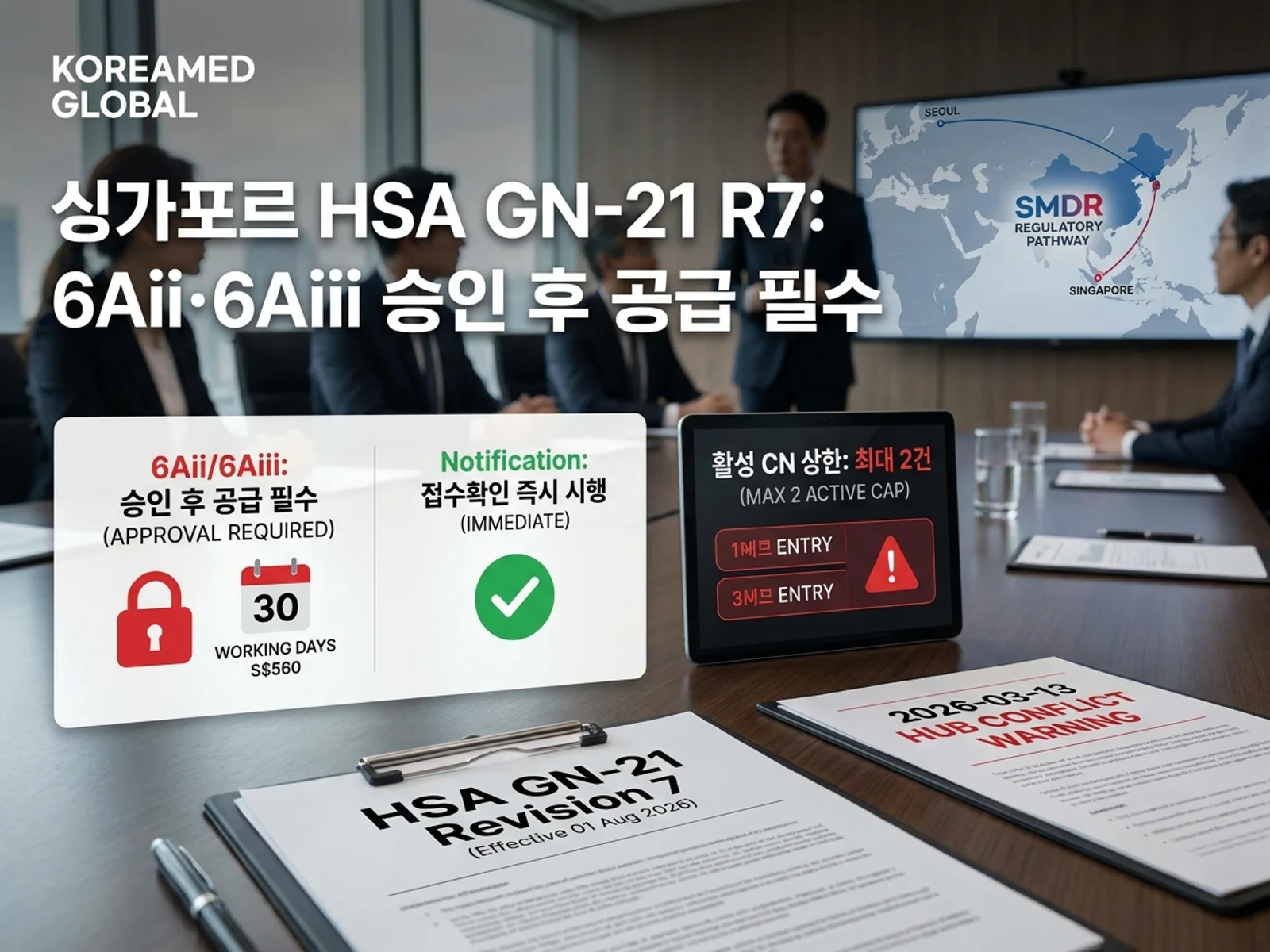 싱가포르 HSA GN-21 Revision 7(2026-08-01)에 따른 6Aii/6Aiii 모델 추가 승인 후 공급, 등재당 활성 CN 2건 상한 및 수수료 S$560 일정과 허브 잔존 안내 충돌을 표현한 KoreaMED Global 썸네일