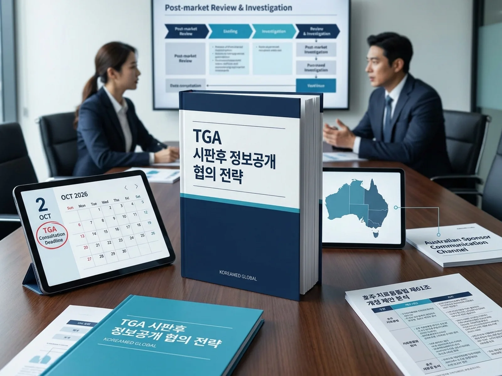 호주 TGA 의료기기 시판후 정보공개 협의(2026-08-13~10-02)에 따른 치료용품법 제61조 개정 제안, 무조치 건 공개 범위 및 한국 제조사·스폰서 코멘트 경로를 표현한 KoreaMED Global 썸네일