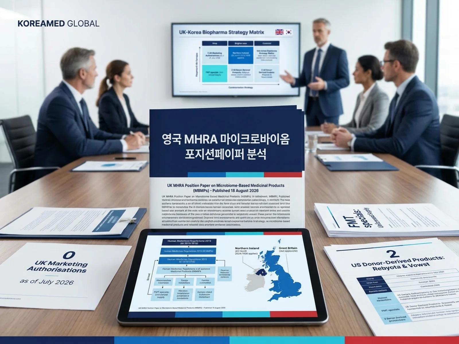 영국 MHRA 마이크로바이옴 포지션페이퍼(2026-08-18)의 HMR 2012 법틀, 2026년 7월 MA 0건 현황, FMT specials 비허가 성격 및 SoHO 북아일랜드 한정 적용을 표현한 KoreaMED Global 썸네일
