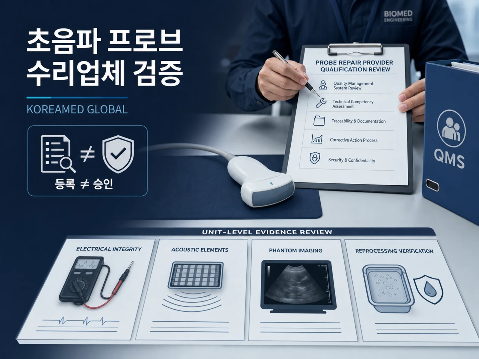 수리된 초음파 프로브의 단위별 인수 검증(IEC 62353 누설전류·음향 소자 시험·팬텀 QA·TEE 재처리)과 ISO 13485 시스템 자격의 분리를 표현한 KoreaMED Global 썸네일