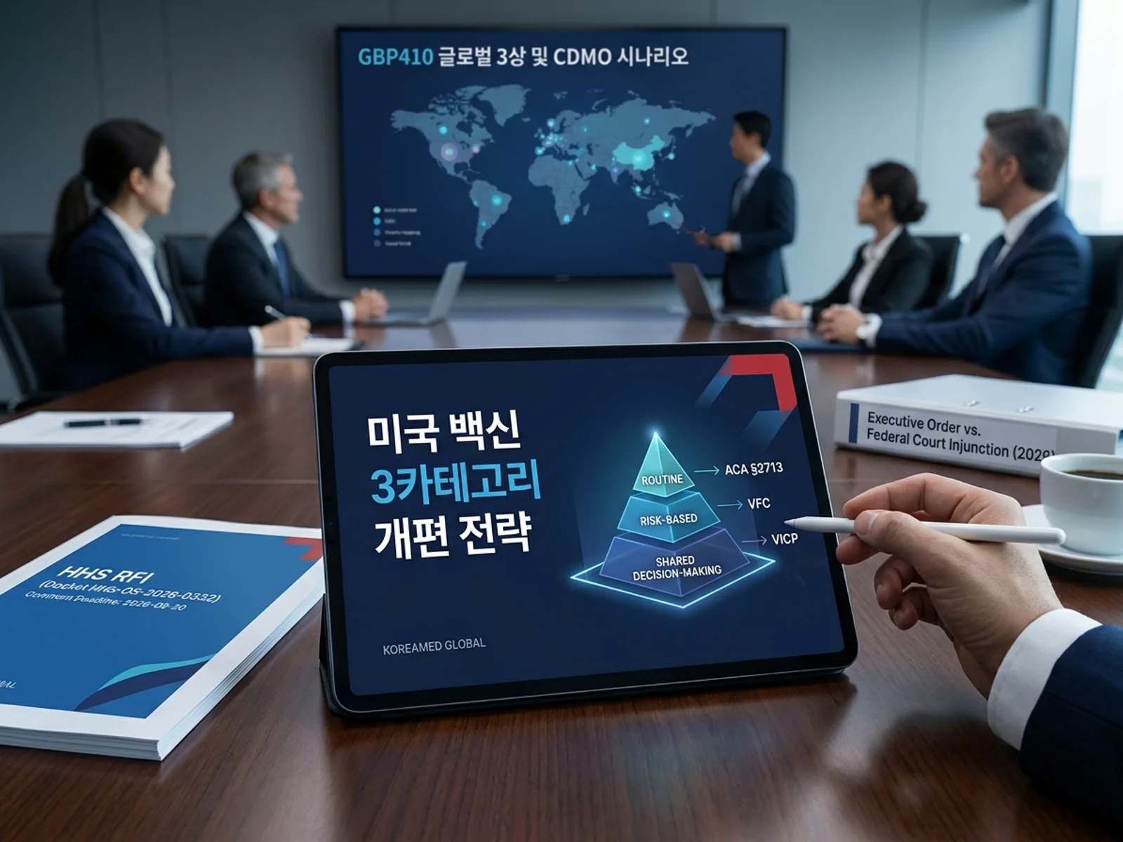 미국 소아백신 추천 3카테고리 체계와 8/10 행정명령·HHS RFI(9/20 마감)·법원 가처분 및 한국 백신 산업 대응 시나리오를 표현한 KoreaMED Global 썸네일